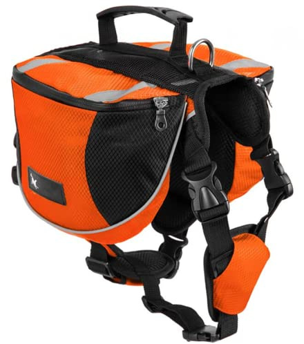 Satteltasche Hunderucksack für Mittlere Große Hunde, Packtaschen Rucksack für Reisen Wandern Training, Reflektierende Wasserdicht Verstellbare Kabelbaumweste mit Griff (orange, L (Hund 28kg - 40kg)