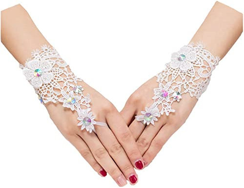 NC 1 Paar Damen Hochzeitshandschuhe Fingerlos mit Strass Spitze Mode Hochzeitsaccessoires Spitzenhandschuhe Fingerlos für Hochzeit