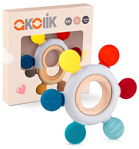 akolik Anneau de Dentition pour Bébé, en Silicone et Bois pour Jouet de Dentition, Accessoires d'Allaitement Sans BPA pour Bébés de 3-6 6-12 Mois Autiste, Cadeaux pour Enfant (Gouvernail D)