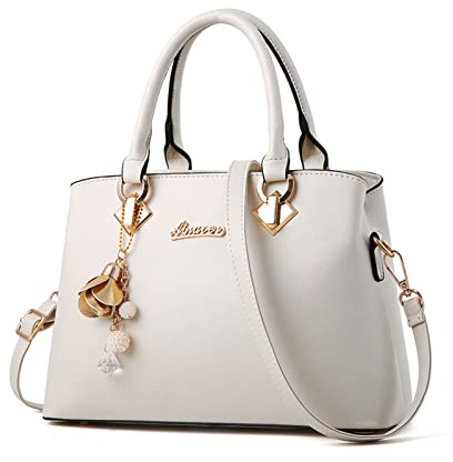 NICOLE & DORIS Elegante Handtasche Damen Schultertasche PU Leder Henkeltasche Mittelgroß Tote Shopper Einfache Umhängetasche Top Griff Tasche mit Abnehmbarem Schultergurt Weiß