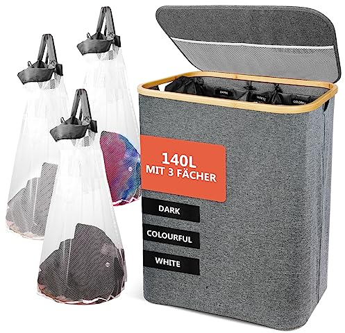 SOUTHGATE 145L Wäschekorb 3 Fächer mit Deckel, Faltbare Wäschesammler mit herausnehmbaren Wäschesack, XXL Wäschesortierer, Laundry Basket 3 Compartments, Wäschebox, Wäschetonne, Wasserdicht, Grau