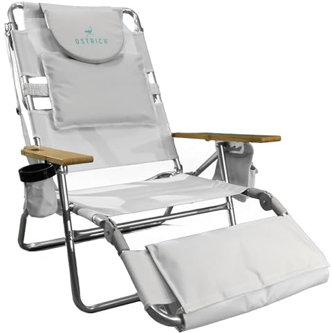 Ostrich the Deluxe 3N1 Reclining Lounge Chair, Folding Outdoor Lounger and Extra-Wide Beach Chair with Wooden Armrests and Face Hole, White