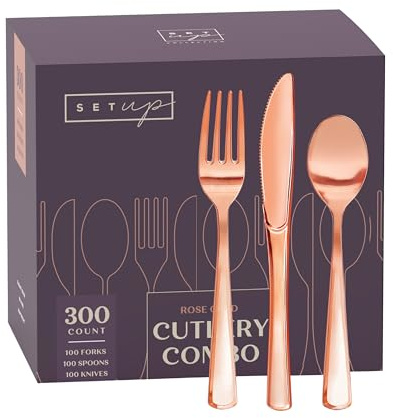 SETUP [300 Count] Disposable Silverware, Rose Gold Combo Cutlery - 100 Forks, 100 Spoons, 100 Knives - Heavy Duty, and Durable Rose Gold Plastic Silverware Set Great for Parties, Events, Everyday use