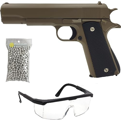 Saigo Defense Pack Airsoft Pistolet Style 1911 à Ressort/Couleurs: Noir et Tan (Désert) / Matière: Métal/Puissance 0.3 Joule/Livré avec Accessoires