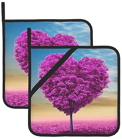 Set di 2 presine a forma di albero a forma di cuore, viola, resistenti al calore, antiscivolo, con tasche per cucina, cucina, cottura al forno, barbecue