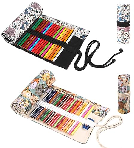 WWYSSZ 2 Stück 36 Löcher Leinwand Stifterolle Roll Rollmäppchen Bleistift Wrap, Stifte Mäppchen Rolle, Katze Cartoon Muster, Waschbar, für Aquarellstifte Bleistifte Buntstifte