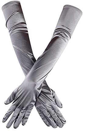 DUHGBNE Long Satin Gloves Finger Women Bridal Dance Gloves Length Elbow Opera 20s Gloves Latex Gloves, silver, One Size