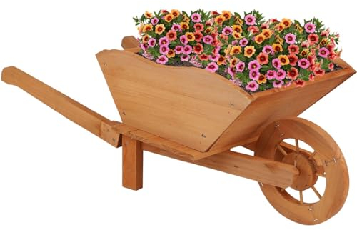 PaMeer Wooden Wheelbarrow Planter - Heavy Duty Large Garden Ornaments, Rustic Outdoor Plant Pots, Large Ornament & Outdoor Flower Pot, Garden Decor Wooden Plant Stand (L73 x W28 x H31 cm)
