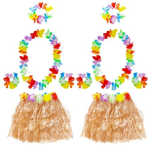 FUIPVGI Hawaii-Girlanden Hula Gras Rock Set, 40cm Grasrock, Hawaii-Girlanden Halskette Armbänder, Hawaii-Kostüm für Strandparty Junggesellinnenabschied Tropische Party Dekoration