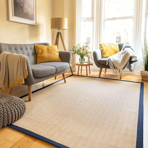 Natural Herringbone Navy Cotton Border Jute Area Rug Soft Woven Non Slip Flatweave Mat Sisal Sustainable Living Room Entrance Hallway Kitchen Carpet Rugs 200cm x 290cm