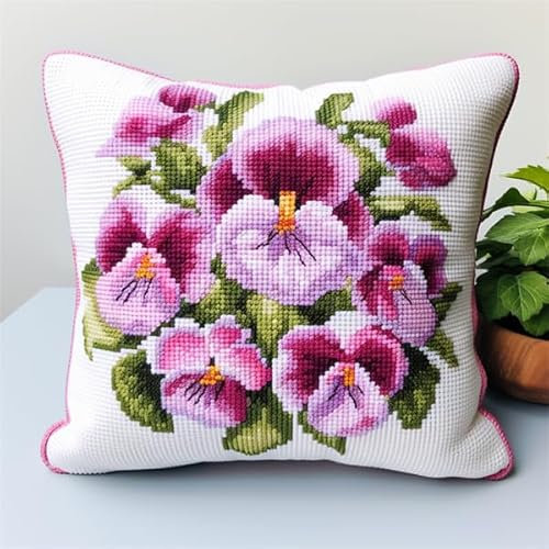 Lfynior Kreuzstich Kissen Set Blume Stickkissen zum Selbersticken 45X45cm Stickpackung Stickset Kreuzstich Kissen zum Basteln Stickkissen Stickpackung mit Vorgedruckt Kreuzstichmotiv