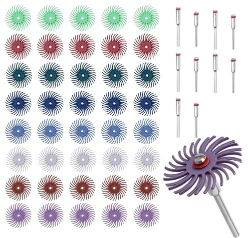 Mesee 50 Stück Radiale Borsten Scheiben, 25mm Mixed Grit Detail Schleifbürsten Set mit Schaftdorne 2.35mm und 3mm, Schleifbürste Lücke Polierpad Sortiment Kit, Grit 80/120/220/320/400/600/1000/2500