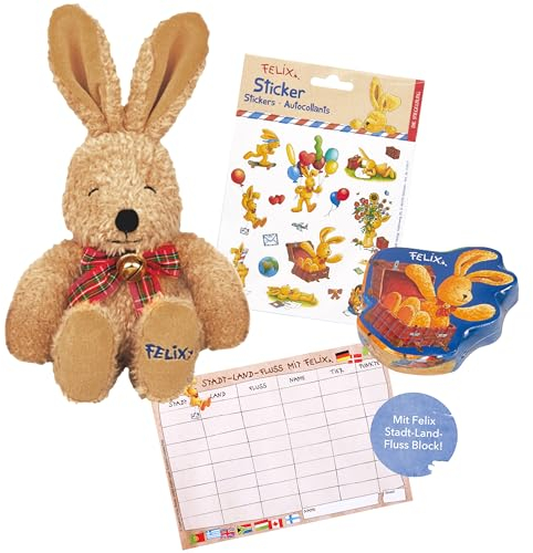 Die Siegelburg - Felix auf Reisen Plüschhasen, magischem Zauberhandtuch, bunten Stickerset & mit Stadt-Land-Fluss Spiel von Felix, perfektes Set & Geschenkidee für kleine Entdecker und kreative Köpfe