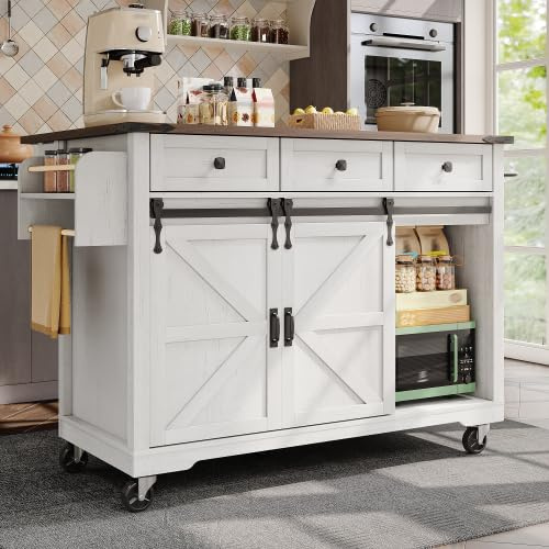 Moimhear Isola della cucina, carrello da portata con piano di lavoro estraibile, carrello da cucina su ruote, armadio da cucina con 2 ante scorrevoli e 3 cassetti