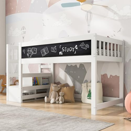 Rtopsu Etagenbett Kinderbett 90x200 cm, Hochbett mit Stauraum Regal und Reißbrett, Bett mit Treppe und Rausfallschutz, Holzbett Bettgestell mit 1x Lattenrost, Hausbett für Kinder, Weiß, Ohne Matratze