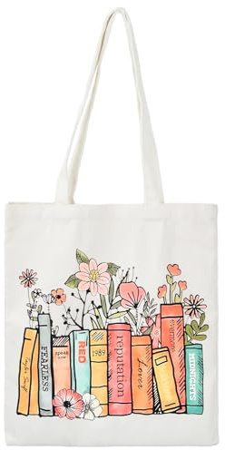 volumoon Bolsa de Lona Impresa, Bolsas de Mano Estéticas, Diseño de Albumes de Estanterías Florales, Bolsa de Compras Reutilizable, Bolsa de Mano para Regalos Mujer Escuela Trabajo Compra Diaria