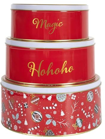COOK CONCEPT, BT6807, Boîtes en métal décoratives de Noël, Set de 3, pour Conservation optimale des Biscuits, Design Festif, durables et Pratiques, Rouge, 3 pièces