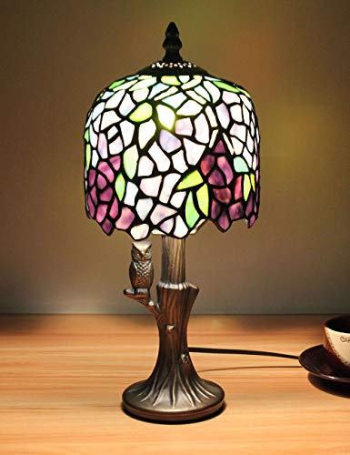 Faucet 8-inch European Vintage Stained Glass Purple Series Table lamp Desk lamp Bedside Light with owl Base water-tap