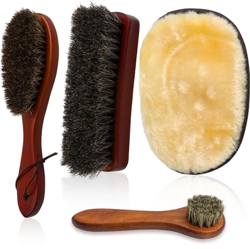 Roellgs Shoe Brush Set, Horsehair Brushes, polish brush, 3 Pcs Shoe Polish Brushes + 1 PCS Plush Polishing Glove, Ideal for Boots, Car Seats, Bags, Sofas