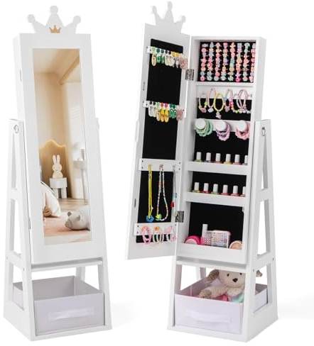 GYMAX Armadio per Gioielli per Bambini con Specchio a Figura Intera, Portagioie da Principessa con Cassetto Pieghevole, per Cameretta da Letto e Stanza dei Giochi, 31,5 x 30 x 115 cm (Bianco)