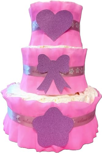 Torta di Pannolini a 3 Piani, Rosa con Decorazioni Glitterate e Nastro con Stelle