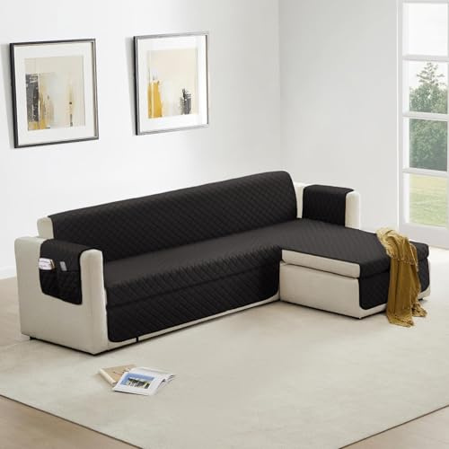 Homebliss Housse Canape d'angle 200cm Gauche/Droit Impermeable, Protege Canape Griffe Chat avec Accoudoirs, Couvre Canapé Universelle Réversible, Noir