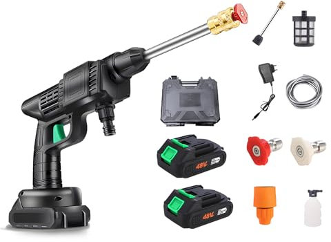 Limpiador de Alta presión con batería, con 2 baterías, Pistola de Alta Presión Inalámbrica con Boquilla Ajustable 3 en 1, Manguera de 5 m, Dispositivo de Limpieza, Adecuado para Coches, Ventanas