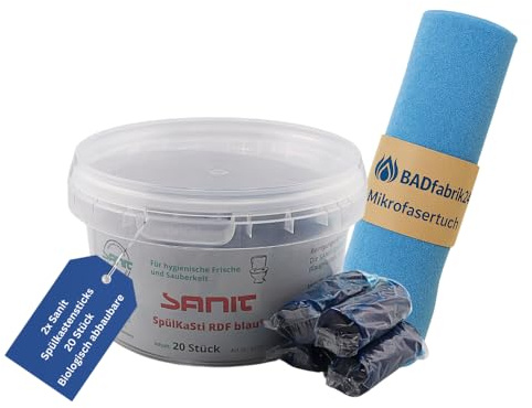 BADfabrik24 Sanit Spülkastensticks RDF blau 3372 (2 Stück) + Mikrofasertuch – Blauwasser-Effekt, biologisch abbaubar, Frische & Duft für Spülkästen mit Einwurfschacht