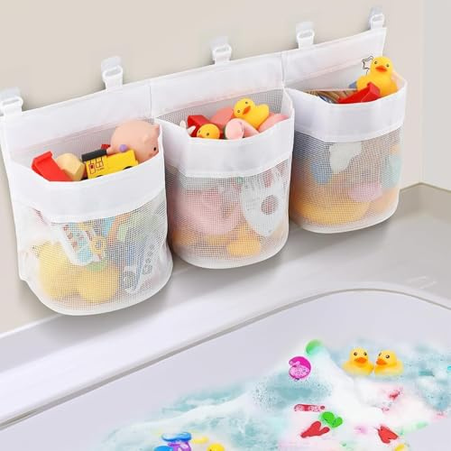 Bolsa Juguetes Bañera con 3 Compartimentos en Red - ExtraGrande con 5 Ganchos Autoadhesivos, Secado Rápido para Baño Infantil y Niños