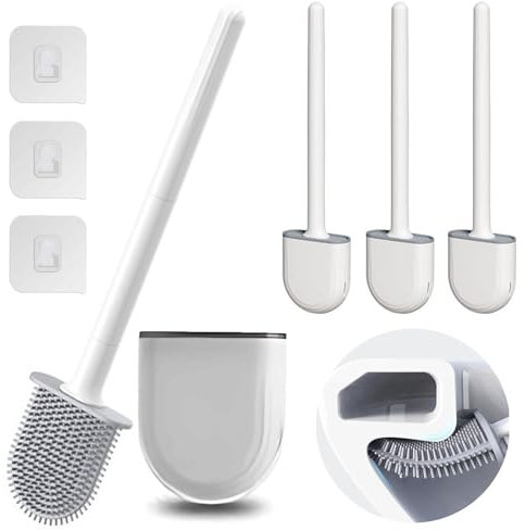 Somnr 3 Pack Silicone Toilet Brush with Holder, Wall Mounted Toilet Brush White with Long Handle, Quick-Drying, Hygienic Deep Cleaner with Flexible Bristles & Anti-Drip Base (White)