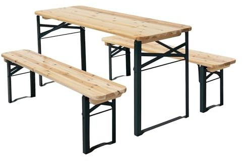 ML-Design Barn Sittgrupp 3 Delar Hopfällbar Natur Grön Massivt Trä och Metall Barnsittgrupp med 2 Bänkar och Barnbord Trädgårdssittgrupp för Utomhusbruk Barntältset Picknickbordsset för Fester