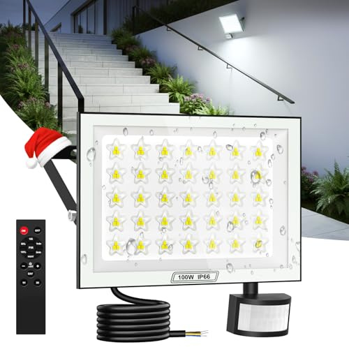 Viugreum 100W Foco Led Exterior 220V con Detector de Movimiento y Mando Distancia, 10000LM Blanco Frío 6500K Proyector LED Regulable, IP66 Impermeable Iluminación de Seguridad para Jardín Garaje