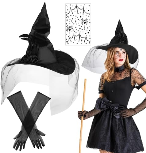 XIEJ Hexenhut Damen mit Schleier, Schwarzer Hexen Hut mit Lange Handschuhe und Gesichtsaufklebern für Halloween, Karneval, Cosplay, Fasching (Schwarz)