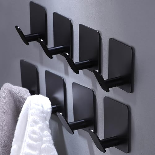 DELITON 8 Pack Adhesive Towel Hooks - Bathroom Towel/Wall Hooks for Hanging Coat Robe Stick on Bathroom or Kitchen Matte Black Stainless Steel