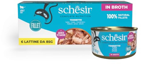 Schesir, Tonnät i buljong, komplett våtfoder för katter, burk, med tillsatta vitaminer, 100% naturlig, 6 x 85 g