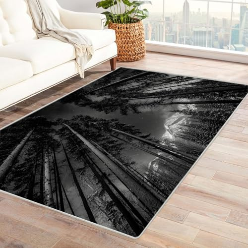 CUDAOO Alfombra Moderna con patrón geométrico, Pelo Corto Cielo Nocturno en el Bosque para Sala de Estar, Oficina, Mesa de café, Cama, balcón（En Blanco y negro-60x90cm