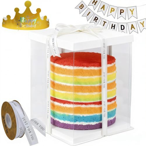 Clear Cake Box for 10In, Birthday Party Set 30x30x40CM Transparent Gift Cake Box with Lid/Happy Birthday Party Flag Pulling/Birthday Hat,Plastic Containers Packaging Boxes for Birthday Party (A)