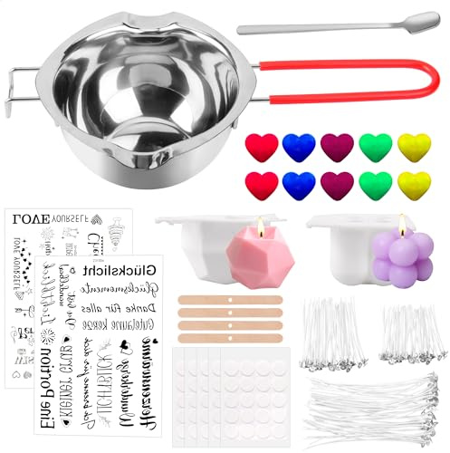 Kerzenherstellung Kit, Kerzen Selber Machen Set mit 1 Schmelztopf, 2 Stück Kerzentattoo, 10 Kerzenfarbe, 150 Kerzendocht, 100 Dochtaufkleber, 2 Silikonform DIY Kerzenherstellung Geschenke Set