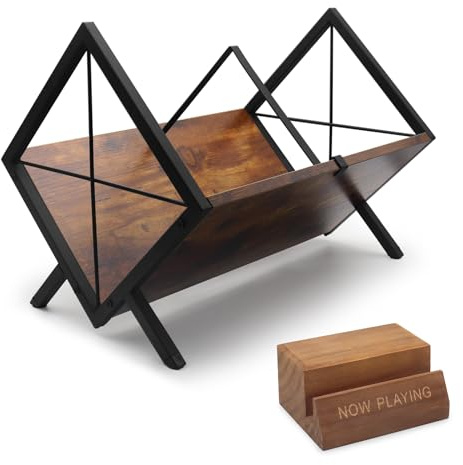 KATLKIU Juego de estantes de almacenamiento de discos de vinilo, soporte de vinilo de madera maciza + soporte de discos LP de madera de hierro, estante de vinilo de gran capacidad para 80-100 LPs