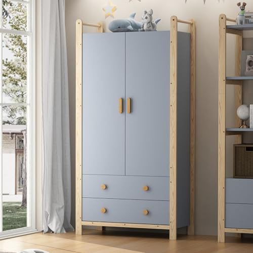 Armario de 2 puertas, armario con barra para colgar, 2 cajones, para dormitorio, salón, pasillo, armario de madera aglomerada, cuerpo azul + marco de pino, 90 × 45 × 180 cm
