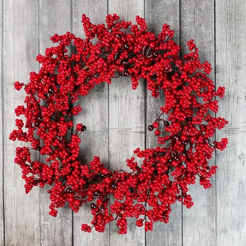 Tejesa Christmas Wreath with Red Berries, Handmade Pine and Cypress Leaf Design, Front Door Holiday Decoration (Red Berry)
