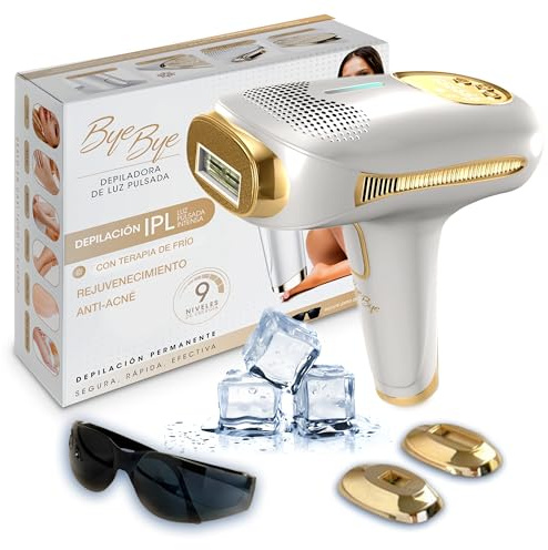 Bye Bye Depiladora IPL Tecnología de Luz Pulsada - 9 Niveles de Intensidad + Modo Frío - 3 Funciones: Depilación, Antiacné y Rejuvenecimiento - 2 Cabezales + Gafas Protección - Ligero, agarre fácil
