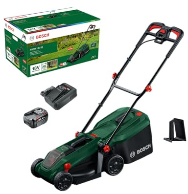 Bosch ROTAK18V-32 Akku-Rasenmäher (Schnittbreite 32 cm, Schnitthöhe 25-65 mm, 35 l Stoffbeutel, Mulchstecker, inkl. Akku und Ladegerät)