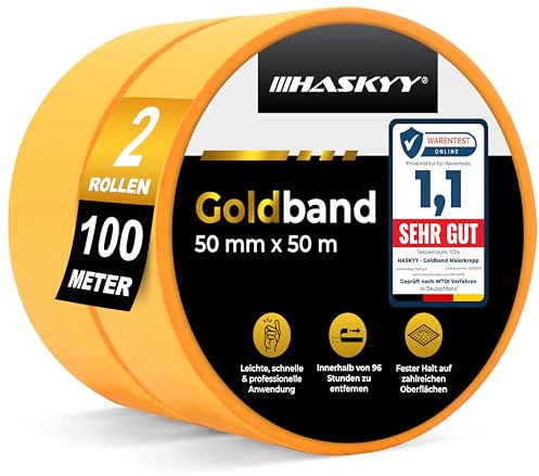 HASKYY Goldband Malerkrepp Kreppband 2x Malerband 50mm x 50m Profi Abdeckband Malertape Klebeband Washi Tape Gold Papiertape Selbstklebend