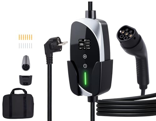 VEVOR Chargeur Voiture Électrique 3,6 KW Borne Recharge Véhicule Électrique Mobile 16 A avec Câble Recharge Type 2 6 m, Prise Schuko 16 A Monophasé, Écran LCD, Courant Réglable, Boîtier Commande IP66