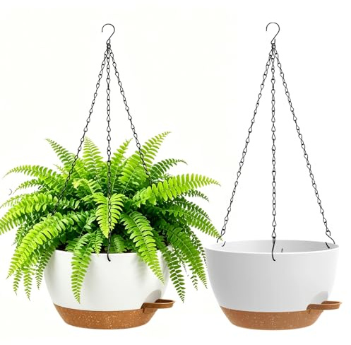 WSMKSZ 25cm Pot de Fleur Suspendu Auto arrosants, Lot de 2, Blanc Marron | Jardinières Suspendues pour Intérieur Extérieur avec Drainage et Réservoir Amovible, Suspension Plante pour Balcon, Salon