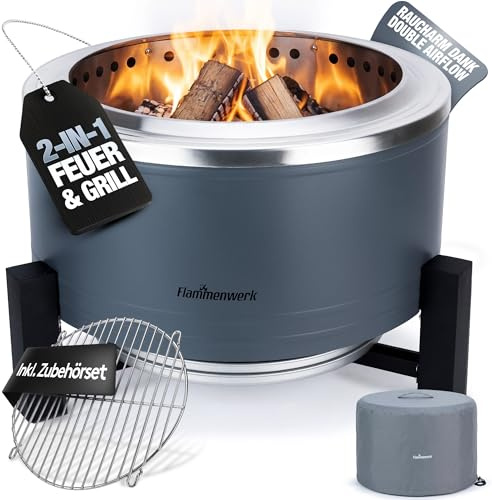 Rökfri eldskål i rostfritt stål Ø 56 cm | Rökfri tack vare turbobrännare | 2-i-1 eldstad och grill för trädgård, camping och terrass | eldtunna och eldkorg för trä och pellets utan rök, flamverk