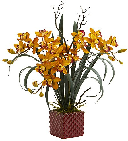 NearlyNatural Orchidea Cymbidium 73,7 cm in vaso rosso pianta artificiale giallo