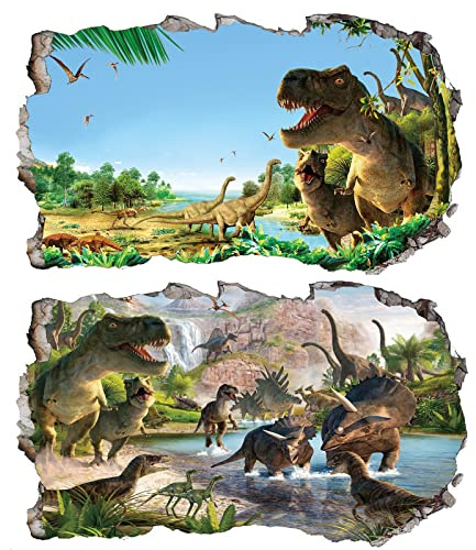 Chicbanners 2Pcs Dinosaurier Dino Urzeit T-rex Wandtattoo 3D Effekt Wandsticker XXL Wanddurchbruch Tiere Fenster Wandaufkleber für Kinderzimmer Jungenzimmer Groß 1000mmx580mm v09