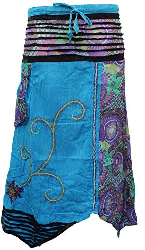 SHOPOHOLIC FASHION Women’s Handmade Embroidered Hippie Flower Patch Boho Long Skirt, New Turquoise